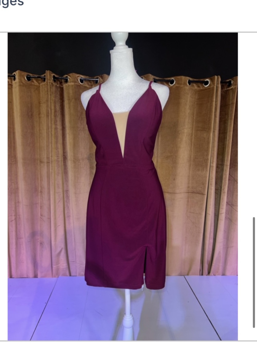 Faviana Burgundy Plunge Sheer Inset Mini Dress